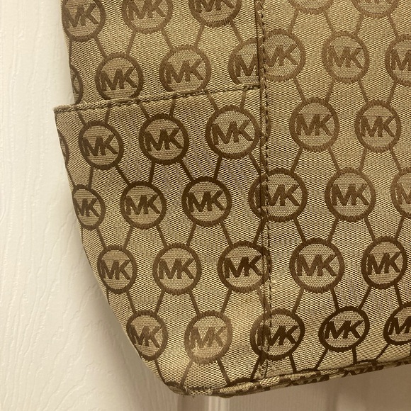 Michael Kors Tan and Brown MK Logo Shoulder Tote with Brown Leather Strap - Picture 4 of 10